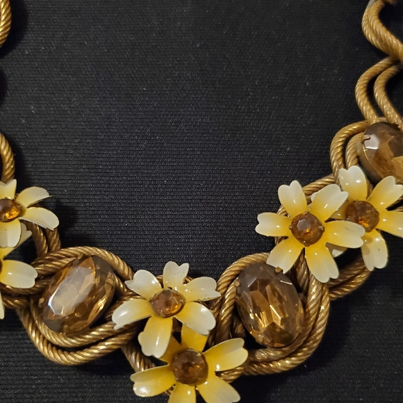 Antique 1940s Gold West Germany Floral Metal Artwork Necklace with Glass Stones - Picture 2 of 5